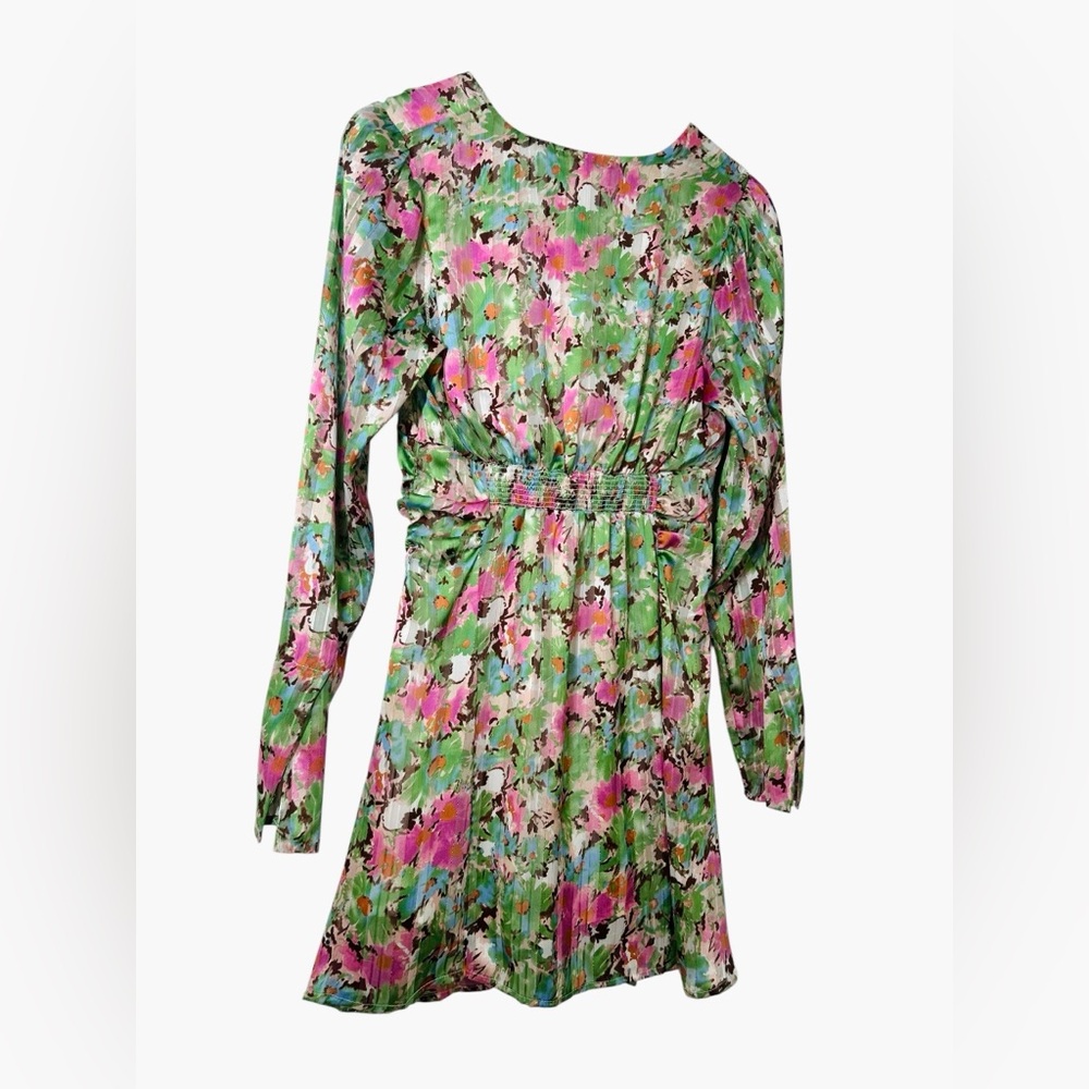 Fanco Watercolor Floral Button Up Long Sleeve Mini Dress Ruched Flare Medium - Picture 3 of 10